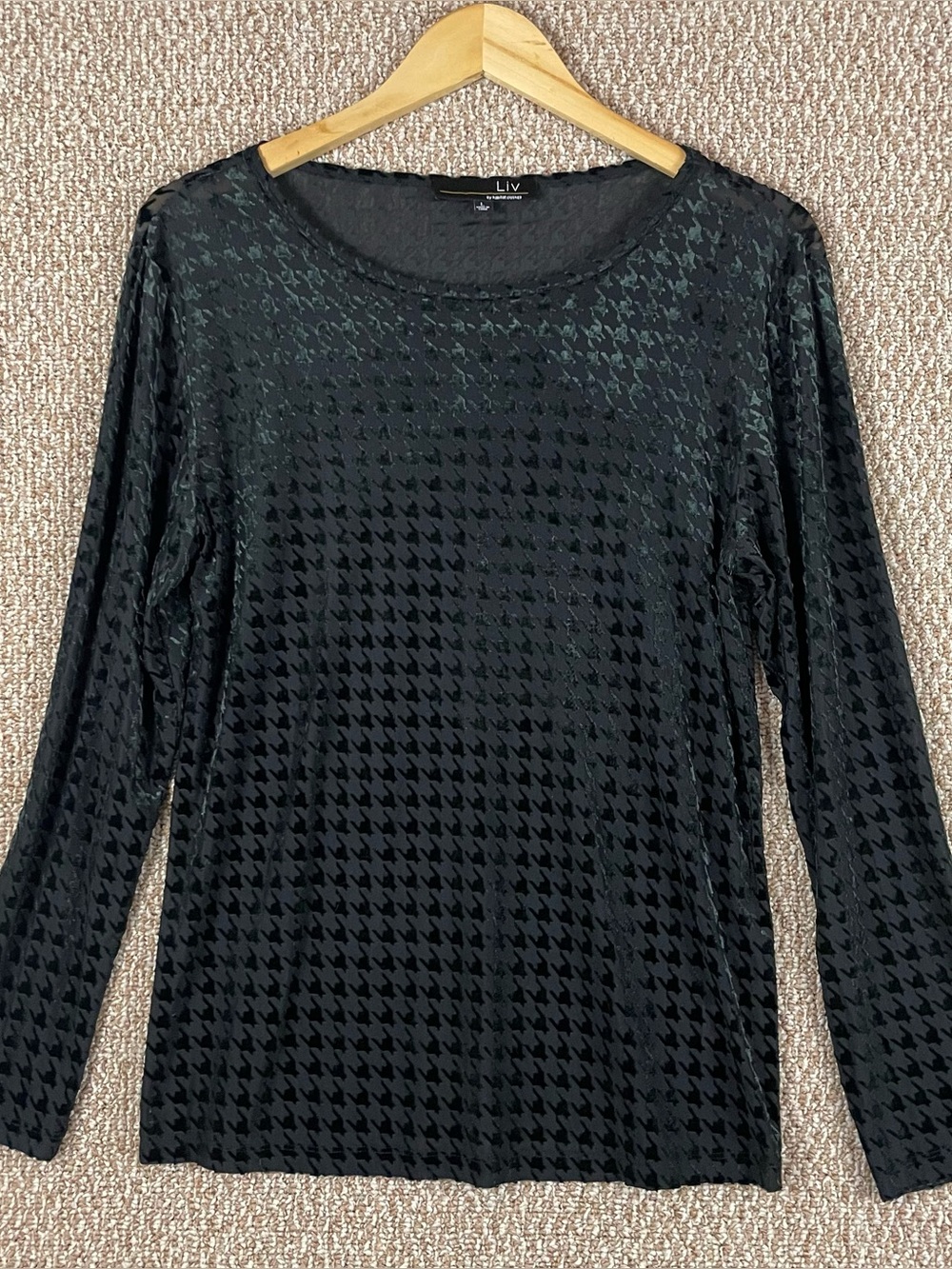 Liv by Habitat Shirt Womens Large Black Houndstooth Sheer Stretch Pullover 54